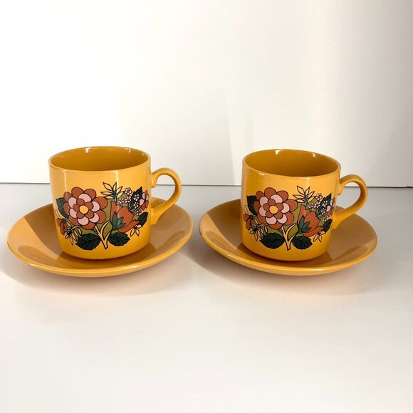 CARTWRIGHT & EDWARDS Vintage 4 Pce Yellow Orange Floral Midcentury Cup & Saucer - Picture 1 of 16